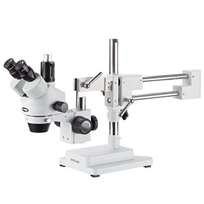 Imagen de Microscopio AmScope SM 4Tcon zoom trinocular profesional, lentes WH10x, aumento de 7X 45X, objetivo con 0,7X 4,5X, iluminación ambiental, soporte dos brazos estilo jirafa