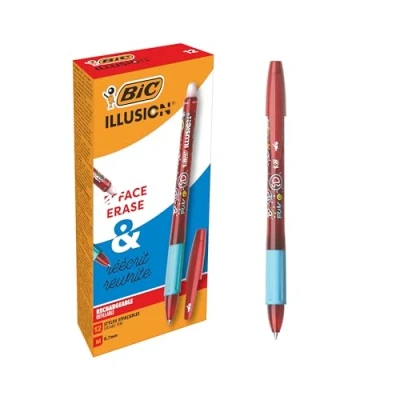 Imagen de BIC Illusion Bolígrafos Borrables y Recargables de Punta Media (0,7 mm) Tinta Roja, Caja 12