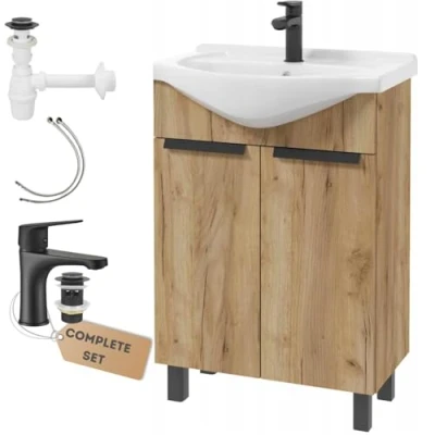 Imagen de Deftrans lavabo con armario bajo 60 x 85 43,5 cm y grifo de lavabo, invitados madera, negro, juego sifón