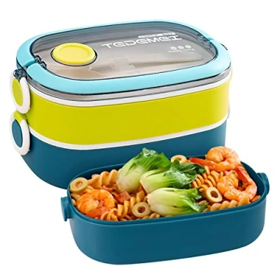 Imagen de MDHAND Bento Box, fiambrera para niños con compartimentos, de 1600 ml cuchara y tenedor niños/adultos, apta microondas (azul verde)