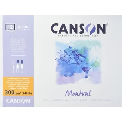 Imagen de Canson Montval, Papel de acuarela, Prensado en frío, 300g, Block pegado a 4 lados, 30x40cm, Blanco, 12 Hojas