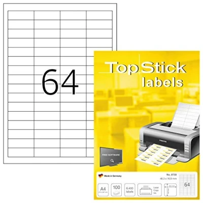 Imagen de TopStick 8730 etiquetas autoadhesivas universales A4 muy pequeño (48,3 x 16,9 mm, papel) 100 hojas, 64 por hoja, 6400 etiquetas, para impresoras inkjet y láser