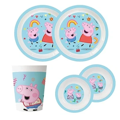 Imagen de Procos 10215313DY Set de fiesta Peppa Pig, reutilizable, vajilla 6 piezas para fiestas cumpleaños infantiles y temáticas, decoración mesa