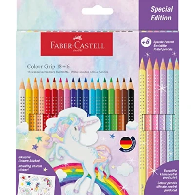 Imagen de Faber Castell 201543. Estuche cartón Unicornio, con 18 lápices Grip color + 6 Sparkle