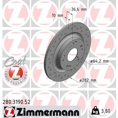 Imagen de ZIMMERMANN 280.3190.52 Disco de freno 282 10 9/5 5 114 macizo, perforado revestido HONDA: CIVIC 10, Stufenheck