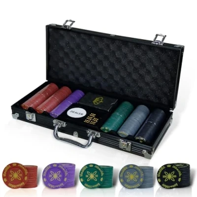 Imagen de CCLIFE Juego de Poker Profesional Maletín Aluminio Póker Set 300 Chips, Barajas Cartas, Distribuidor, Ciega Pequeña, Big Blind Buttons, Tapete y 5 Dados