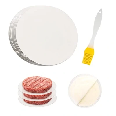 Imagen de 500 hojas de papel engrasado hamburguesa, aceitado antiadherente, sartén engrasado, con pincel, barbacoa, blanco