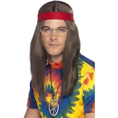Imagen de Smiffys Kit de hombre hippy, Marrón, Peluca, gafas, medallón con el símbolo la paz y cinta para cabeza