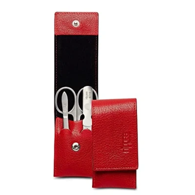 Imagen de Nippes Solingen Set de manicura 3 piezas, acero inoxidable y sin níquel, estuche piel vacuno auténtica con botón presión, Premium Line, color rojo