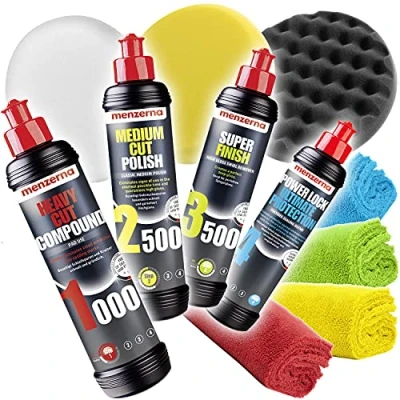 Imagen de Menzerna Kit de abrillantador: Heavy Cut Compound 1000 + Medium Polish 2500 Super Finish 3500 Power Lock Standard Pads (duro, medio, suave) 4 x paños microfibra