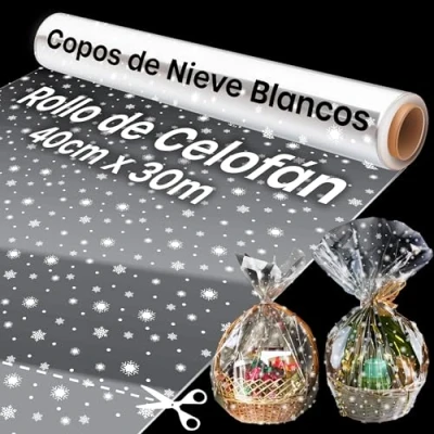 Imagen de volila Papel Celofan Transparente 40cm x 30m Copos De Nieve para Envolver Regalos Celofán Regalos, Cestas Regalo y Arreglos Florales