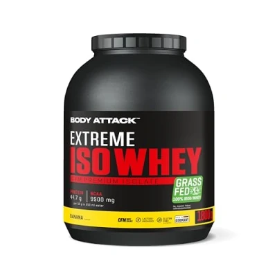 Imagen de Body Attack Extreme Iso Whey, CFM aislado de proteína suero leche sauce irlandés 100%, sin gluten, rico en AEA, bajo grasas, 90,6% contenido (plátano, 1,8 kg)