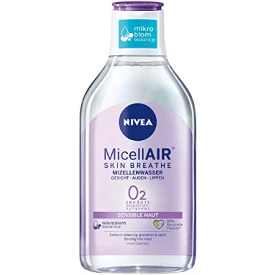 Imagen de Nivea Micellair Skin Breathe Agua micelar para pieles sensibles (400 ml), removedor de maquillaje nutritivo con dexpantenol y aceite semilla uva, limpiador facial suave
