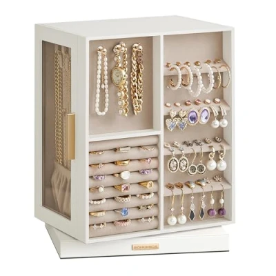Imagen de SONGMICS Caja Joyero Giratorio 360, de Joyas con 5 Cajones, Ventanas Laterales Cristal, Gran Capacidad, Almacenamiento Vertical, Diseño Abierto, Idea Regalo, Blanco Nube JBC170W01
