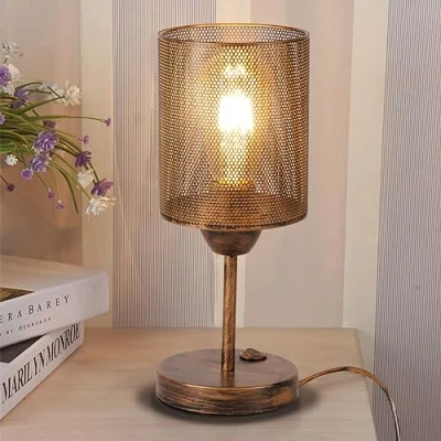 Imagen de TWSXTE E27 lámpara de mesa metal industrial, escritorio rústico con pantalla jaula, Vintage Edison cabecera para la sala estar, Interruptor (Sin Bombilla)