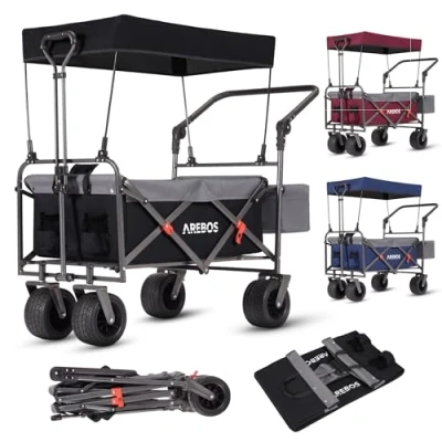 Imagen de Arebos Carrito Plegable con tejado Carro Playa Carretilla Jardin Sistema de cinturón 3 Puntos Carga Máxima hasta 100 kg Rueda Delantera giratoria 360 Incl. Bolsa Transporte