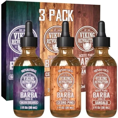 Imagen de Viking Revolution Aceite Barba Hombre Regalos Navidad: Set de 3 Aceites Naturales para Acondicionar con Aromas Sándalo, Pino, Cedro y Salvia 30 ml cada uno.
