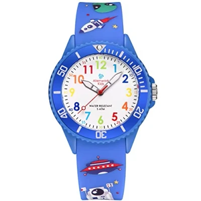 Imagen de Alienwork Espacio Alien Reloj de Aprendizaje Infantil Niño Azul Pulsera Silicona Abigarrado niños Impermeable 5 ATM Tiempo Aprender