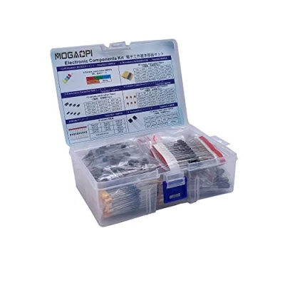 Imagen de Kit de componentes electrónicos MOGAOPI, diodos LED, resistencias película metálica, paquete condensador electrolítico, comunes, condensadores cerámicos, caja surtido transistores