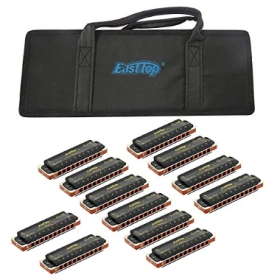 Imagen de East top Paquete de 12 armónicas diatónicas blues profesionales 10 agujeros con las teclas bolsa para adultos, principiantes, estudiantes, niños, como regalo