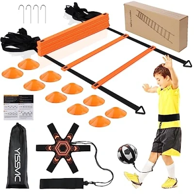 Imagen de Yissvic Accesorios de entrenamiento fútbol, escalera coordinación, regalo para niños, set 6 m, con entrenador, 10 gorros, 4 clavos
