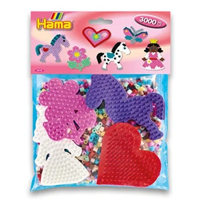 Imagen de HAMA Bolsa de 4 placas (corazón, princesa, pony, flor) y 3000 cuentas para planchar MIDI Ocio creativo multicolor
