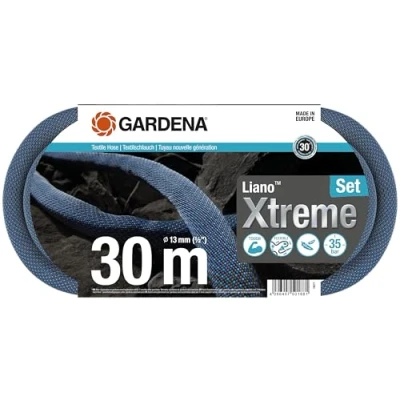 Imagen de Gardena Liano Xtreme 1/2 pulgadas, set 30m: manguera de jardín ultra robusta tejido, para grifos agua interiores, interna PVC, ligera, resistente a la climatología (18477 20)