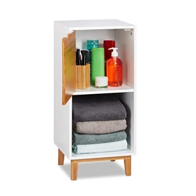 Imagen de Relaxdays Estantería, Librería con Puerta, Estilo escandinavo, MDF y bambú, Blanco, 71x32x30 cm