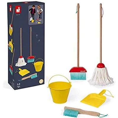 Imagen de Janod Set de limpieza 5 accesorios madera realistas Escoba + Fregona Cubo Pala Cepillo Juguete imitación para niños A partir 2 años, J06588