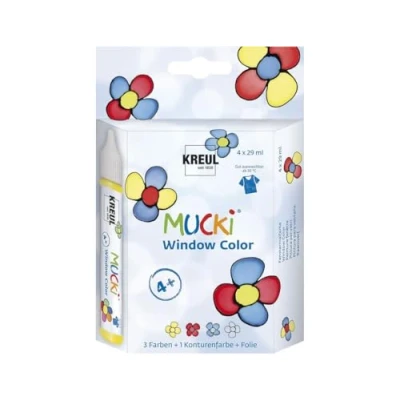 Imagen de KREUL 24450 Mucki Window Color Set, 4 x 29 ml Pintura y película sólida, para Ventanas a Base de Agua, sin parabenos, Gluten, lactosa, Vegano, fácil Pintar, se Lava con Agua