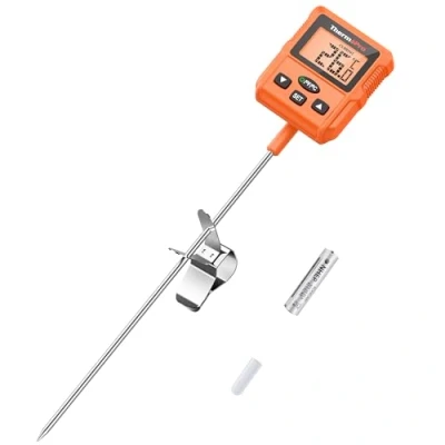 Imagen de ThermoPro TP511 termómetro digital para dulces con clip olla, programable de lectura instantánea alimentos y carne sonda 20 cm largo hornear, asar, velas freír