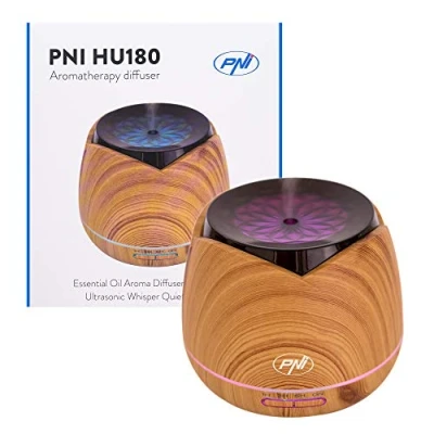 Imagen de Difusor de aromaterapia PNI HU180 para aceites esenciales, ultrasonido, 400 ml, temporizador, LED 7 colores, cierre automático, grano madera