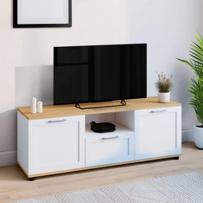 Imagen de Mueble TV 110 cm blanco y madera con cajón hornacina