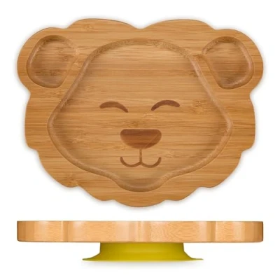 Imagen de Relaxdays Plato para Bebés con Ventosa León, Vajilla Infantil 3 Compartimentos, Platito Niños, Libre de BPA, Natural, Bambú, x 23,5 18 cm