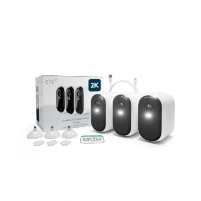 Imagen de Arlo Essential 2 XL Camara Vigilancia WiFi Exterior 2K, Interior, Batería de 24 Meses*, Sensor Movimiento, Alarmas Para Casa, Prueba Secure Incluida, 3 Cámaras, Blancas