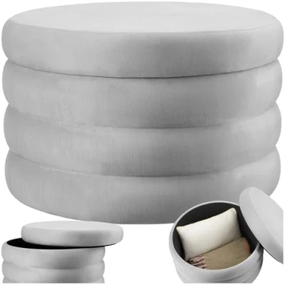 Imagen de TecTake® Taburete Almacenaje Bouclé, Carga: 150 kg, MDF y Poliéster, Puff Almacenaje, Dormitorio, Reposapies Puff, Zapatero Entrada Recibidor, Asiento Acolchado, Ideal Salón Gris