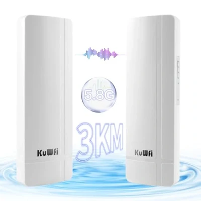Imagen de KuWFi 3KM 900mbps Repetidor WiFi, IP65 Puente Inalámbrico al Aire Libre, 5.8GHz Gigabit,Interior y Exterior Punto a Remoto,Puente WiFi con WAN 1000Mbp,PoE,Cámara