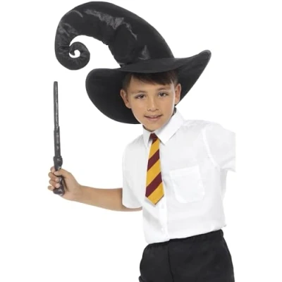 Imagen de Smiffys Kit de mago, negro, con corbata, sombrero y varita, 34cm/13in