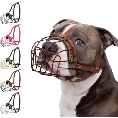 Imagen de BRONZEDOG Pitbull Bozal para perro, máscara de metal, cesta alambre, correas cuero ajustables perros grandes (marrón)