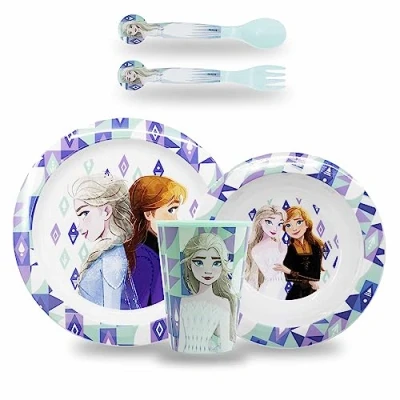 Imagen de Sorrisini Vajilla Infantil reutilizable apta para microondas Juego de platos irrompibles plástico niños, bebés Plato, cuenco cereal, cubiertos, taza 260ml Sin BPA Frozen