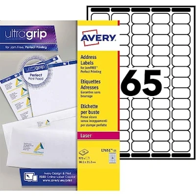 Imagen de Paquete 15 hojas etiquetas blancas para sobres impresoras láser 38,1x21,2 mm avery l7651