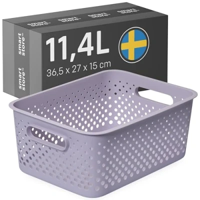 Imagen de SmartStore Cesta de almacenamiento plástico con asas, 11,4 L, tamaño mediano, duradera, reciclada y sostenible, color lavanda, organizador del hogar para estantes, cocina, baño, contenedor
