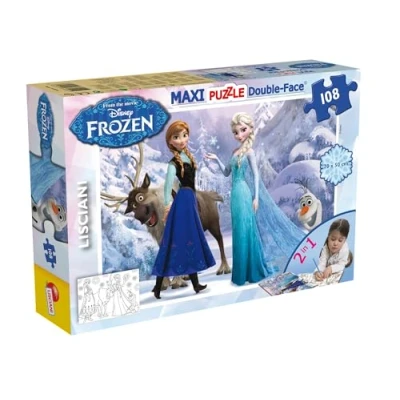 Imagen de Liscianigiochi Puzzle Maxi Floor para niños de 108 piezas 2 en 1, Doble Cara con reverso colorear Disney Frozen Elsa y Anna 46904