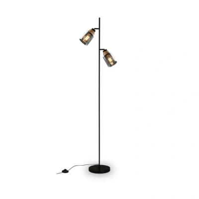 Imagen de BRILONER lámpara de pie como decoración en el salón y lectura, giratoria, salón, interruptor pie, cristal ahumado, madera negra