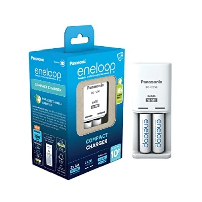 Imagen de eneloop Compact Cargador, para 1 2 Pilas Recargables AA/AAA, 10h de Tiempo Carga, 9 Funciones Seguridad, AA (2000 mAh) Incluidas