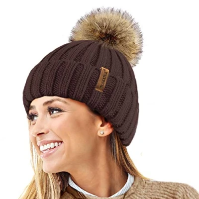 Imagen de TOSKATOK® Invierno de Las Mujeres Costilla Punto Hat/Beanie con Desmontable Piel Falsa Chunky Pom Bobble