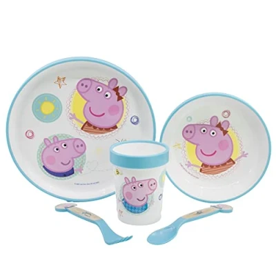 Imagen de Vajilla infantil reutilizable antideslizante con base de silicona bicolor compuesto plato, cuenco, vaso y cubiertos en caja Peppa Pig