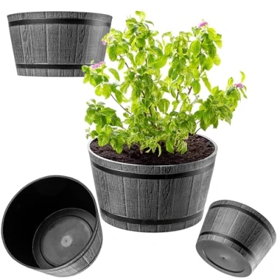 Imagen de KADAX Macetero Decorativo de Plástico, Maceta Grande con Estilo Rústico Barril Madera para Jardín o Decoración Exterior (Gris Oscuro, 40 cm)