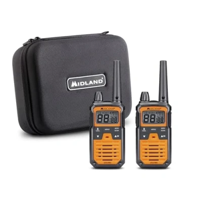Imagen de Midland XT70 PRO Doble Hobby &amp; Work, Versión Full Optional, Walkie Talkie de Carga Rápida, 101 Canales PMR446 y Canal RRM, Resistente al Agua IPX4, Maletín Transporte, 12Km, Naranja, 2 Unidades