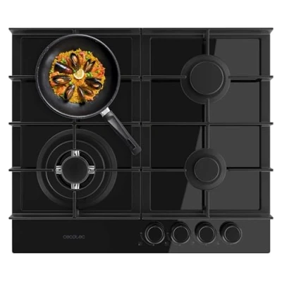 Imagen de Cecotec Placa de Gas 4 Fuegos Bolero Squad G 4400F Glass Black. 8kW, Black, Parrillas Hierro Fundido, Quemador WOK Triple Corona, Encendido Electrónico, Seguridad en Válvulas, Accesorio